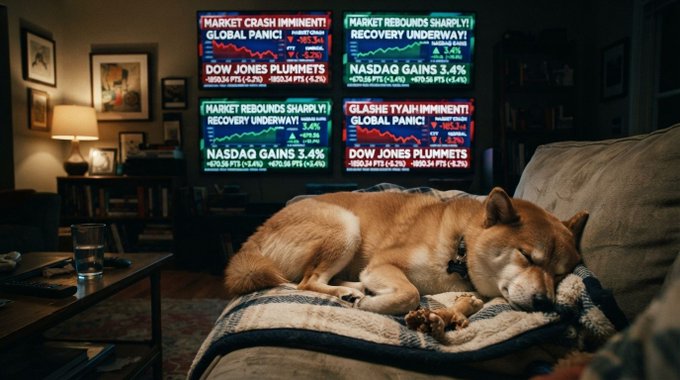 A Shiba Inu dog sleeps peacefully on a couch in a dimly lit living room while a TV in the background displays chaotic financial news headlines about market crashes, global panic, and Dow Jones plummeting.