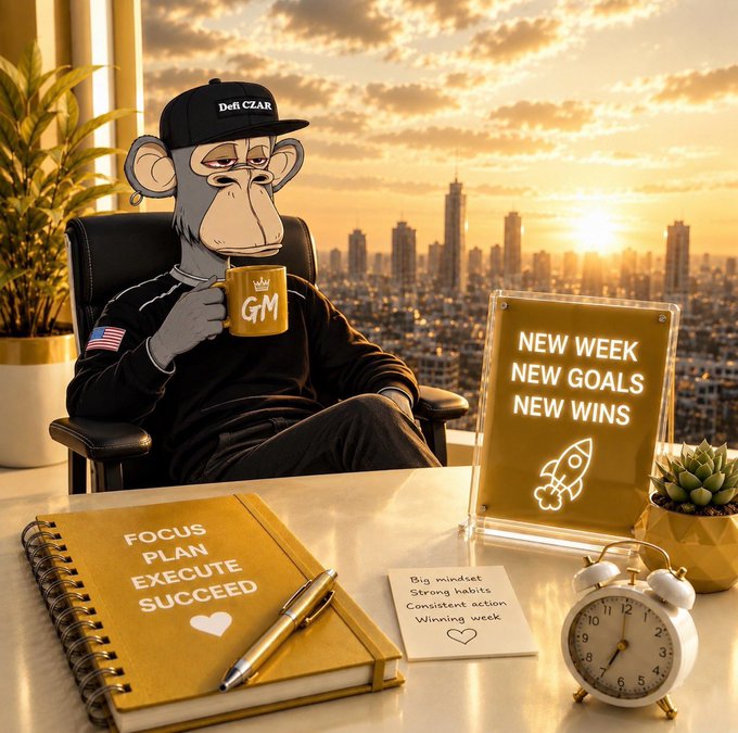 A cartoon monkey wearing a "DeFi CZAR" cap sips from a "GM" mug while sitting at a desk featuring a "Focus Plan Execute Succeed" notebook, a "New Week New Goals New Wins" sign, and a note reading "Big mindset, Strong habits, Consistent action, Winning week"—all set against a sunrise cityscape to motivate a productive week ahead.
