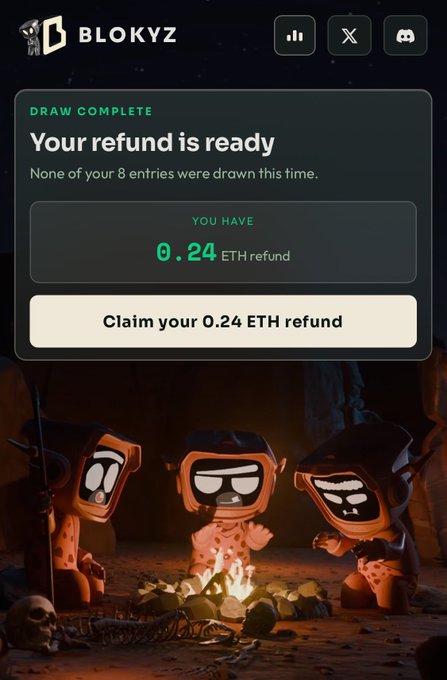 A app screen from BLOKYZ showing a draw complete message with a 0.24 ETH refund available to claim, above an illustration of cartoon characters around a campfire.