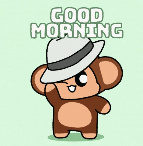 The image features a cartoon monkey wearing a white hat, standing upright against a green background. The monkey appears to be smiling or waving at the viewer. Below the monkey's head, there is text that reads "Good morning". This suggests that the image might be related to a greeting card or an advertisement for a product or service.