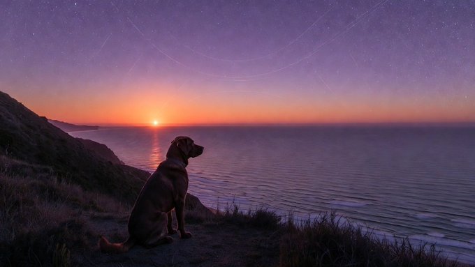 A dog sits on a coastal cliff at sunrise, gazing out over the ocean as the sun rises on the horizon beneath a starry purple sky, symbolizing a new beginning and fresh start—mirroring the post's motivational message about seizing each sunrise as an opportunity to improve, with a clear horizon representing new opportunities for the $XRP community.