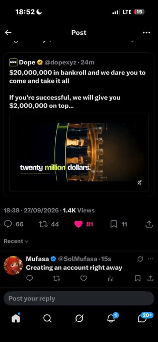 A Twitter/X post by 'Dope' (@dopexyz) challenges users with 'come and take it all' regarding '$20,000,000 in bankroll,' accompanied by an image captioned 'twenty million dollars' showing gold coins.