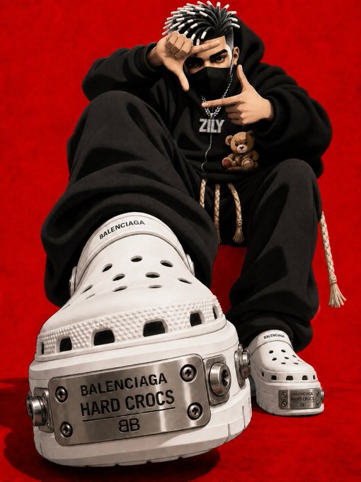 A stylized 3D rendered character in black streetwear with a teddy bear detail crouches against a red background, showcasing oversized white 'BALENCIAGA HARD CROCS' platform shoes.