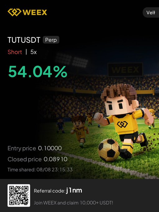 WEEX promotional graphic showing a 54.04% gain on a TUTUSDT Perp Short 5x position (entry 0.10000, closed 0.08910) with referral code 'j1nm' and pixel-art soccer players.