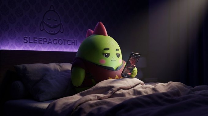 The image shows a green Sleepagotchi mascot—a rounded character with a sleepy expression and red ear tufts—tucked into bed under a blanket while staring at a smartphone displaying trading charts, with the "SLEEPAGOTCHI" logo and a closed-eyed creature emblem illuminated on the purple wall behind it. It visualizes the post's warning about late-night chart-watching and the memecoin burnout cycle by portraying the physical cost of chasing 100x gains, while the Sleepagotchi branding positioned above the sleepless trader hints at shifting focus toward protocols that reward rest and "biological uptime" instead.