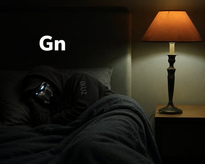 A moody, dark image of a figure in a hoodie and glowing helmet lying in bed, illuminated by a warm bedside lamp, with the text 'Gn' displayed in white.