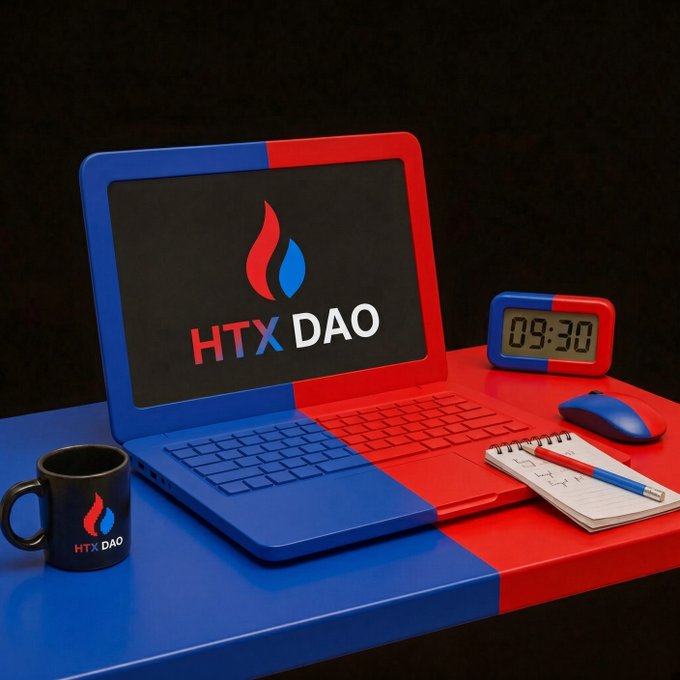 A sleek workstation featuring a blue and red laptop displaying the "HTX DAO" logo with a flame icon, accompanied by a matching branded mug, digital clock reading 09:30, and notebook on a two-toned desk—perfectly capturing a Monday morning GM post asking DAO friends to rate the setup from 1-10.