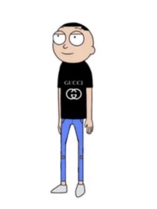 A cartoon illustration of a man with large round glasses wearing a black t-shirt featuring the 'GUCCI' name and logo, paired with blue jeans.