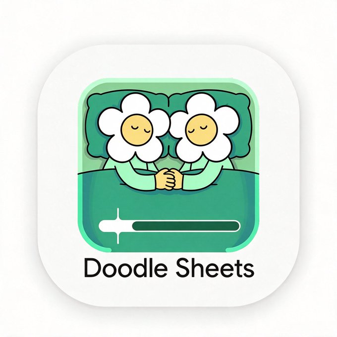 An app icon featuring two cartoon flowers with closed eyes holding hands above a progress bar, labeled 'Doodle Sheets'.