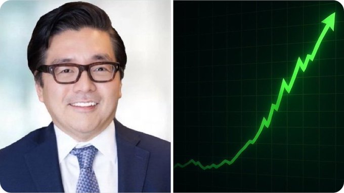 The image shows Tom Lee, a well-known financial analyst, pictured alongside a green upward-trending chart graphic. The image accompanies the post highlighting his extremely bullish Bitcoin price prediction of $13,000,000, visually reinforcing the optimistic upward market sentiment with the rising chart arrow.