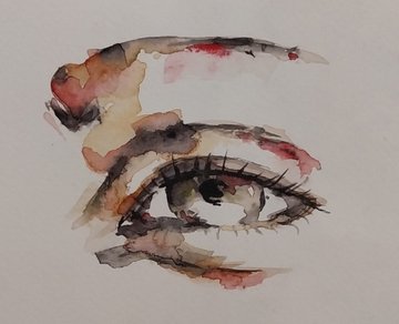 A delicate watercolor painting of a single watchful eye rendered in moody reds, browns, and grays on white paper, fitting the introspective, artistic vibe of the post.