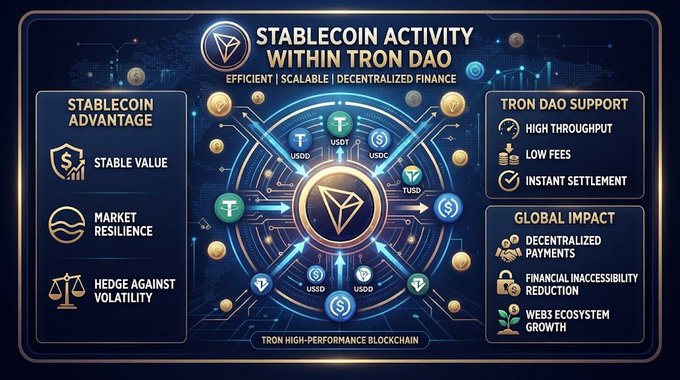 An infographic titled 'STABLECOIN ACTIVITY WITHIN TRON DAO' illustrating the TRON blockchain's features including stable value, market resilience, high throughput, low fees, and instant settlement.