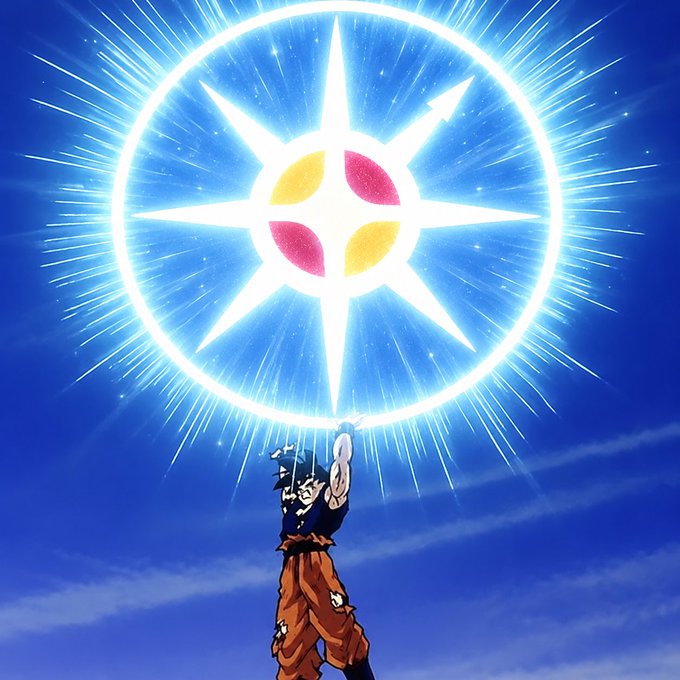 An anime character, resembling Goku, powering up as a large glowing star-shaped energy blast appears in the sky above him.