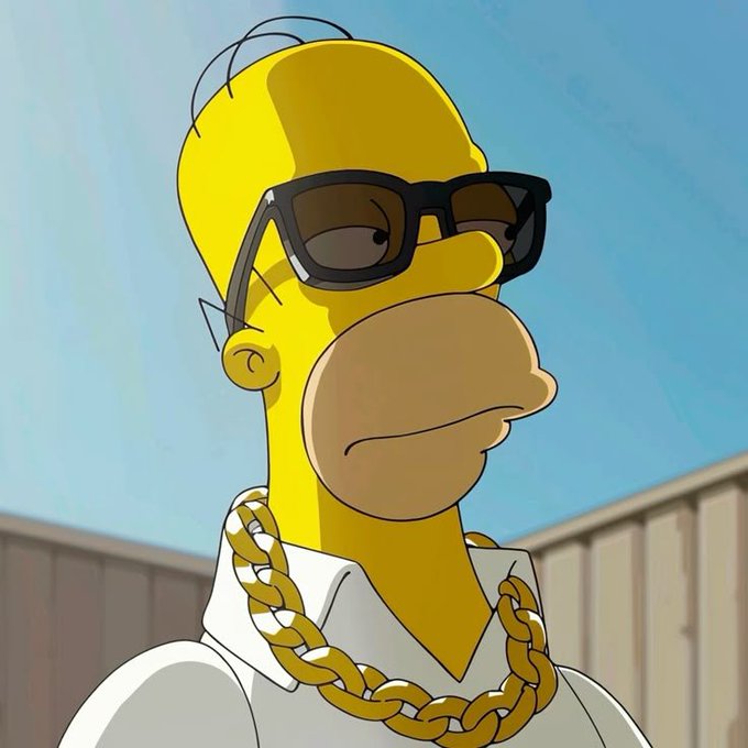 A digital artwork of Homer Simpson wearing sunglasses and a gold chain necklace, styled in a hip-hop aesthetic.