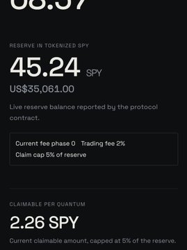 A mobile app interface showing tokenized reserve information with '45.24 SPY' valued at 'US$35,061.00', along with fee and claim details.