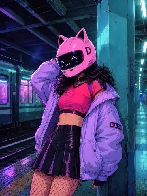 An illustration of a figure wearing a pink cat-eared helmet with a 'D' on it, a pink crop top, a purple puffer jacket with 'DLICOM' on the sleeve, and a black pleated skirt, standing in a subway station.