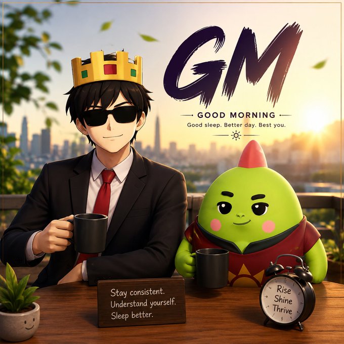 An anime-style illustration shows a man wearing a crown and sunglasses sitting next to a green creature, with 'GM - GOOD MORNING - Good sleep. Better day. Best you.' text and a chalkboard reading 'Stay consistent. Understand yourself. Sleep better.'