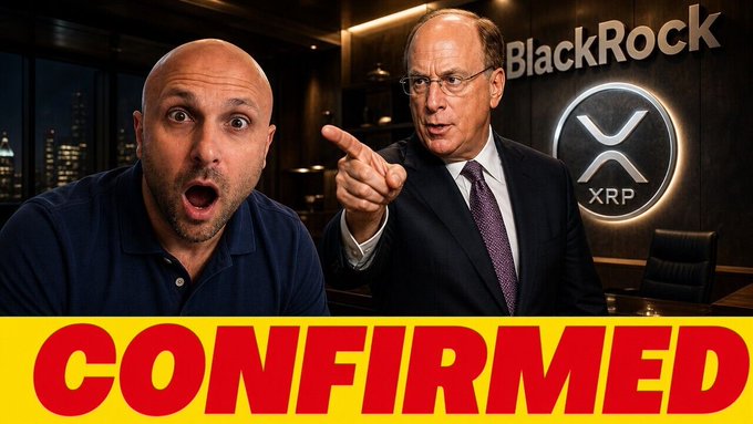 A YouTube-style thumbnail features a shocked man in a blue polo alongside a suited man pointing, with "BlackRock" and the "XRP" logo in the background, overlaid with bold red "CONFIRMED" text. The image visually reinforces the post's claim about BlackRock's $30T asset management influence and the importance of paying attention to XRP-related legislative developments.
