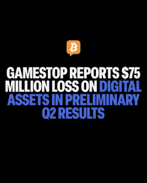 A graphic featuring the Bitcoin logo and bold text reading "GAMESTOP REPORTS $75 MILLION LOSS ON DIGITAL ASSETS IN PRELIMINARY Q2 RESULTS," highlighting GameStop's reported losses tied to its Bitcoin and stablecoin investments.