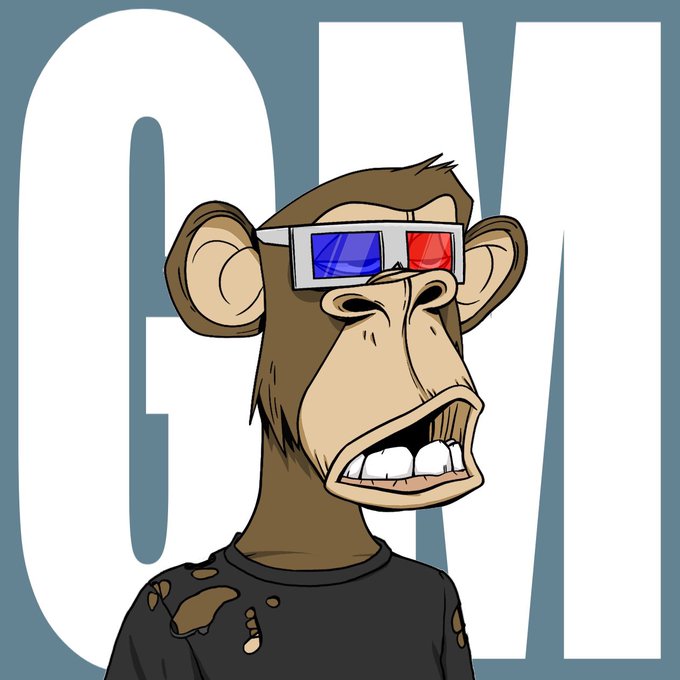 A cartoon Bored Ape Yacht Club (BAYC) NFT monkey wearing 3D glasses against a gray background with large white letters 'GM'.