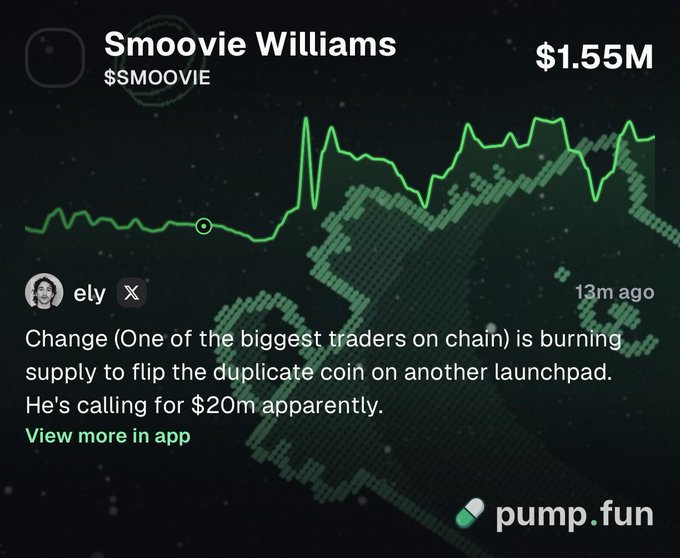 A screenshot from pump.fun shows the "Smoovie Williams" ($SMOOVIE) token at a $1.55M market cap, accompanied by a post from user "ely" claiming a trader named Change is burning supply to flip a duplicate coin on another launchpad with a $20M target. The image serves as proof of the caller's track record, supporting their pitch to trade alongside them on Pumpfun.