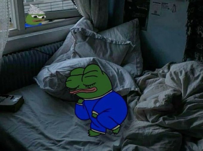 A meme image showing Pepe the Frog in blue pajamas sleeping on a bed with another Pepe peeking in through the window.
