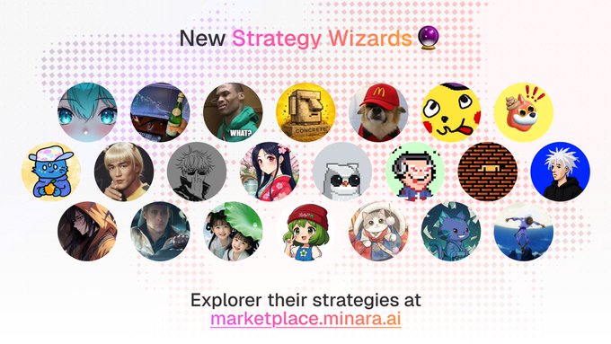 A promotional graphic titled 'New Strategy Wizards' features a grid of circular avatars and characters, directing viewers to 'marketplace.minara.ai'.