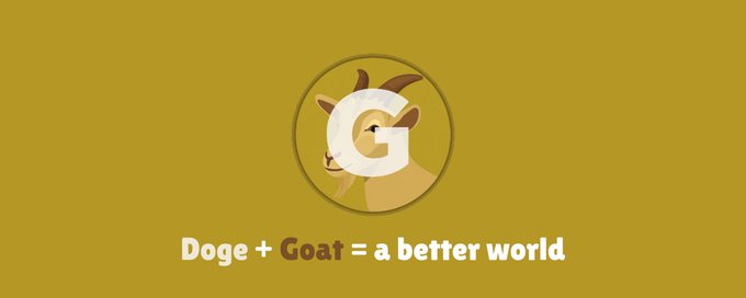 A logo design on a mustard yellow background featuring a goat illustration with the letter 'G' and the text 'Doge + Goat = a better world'.
