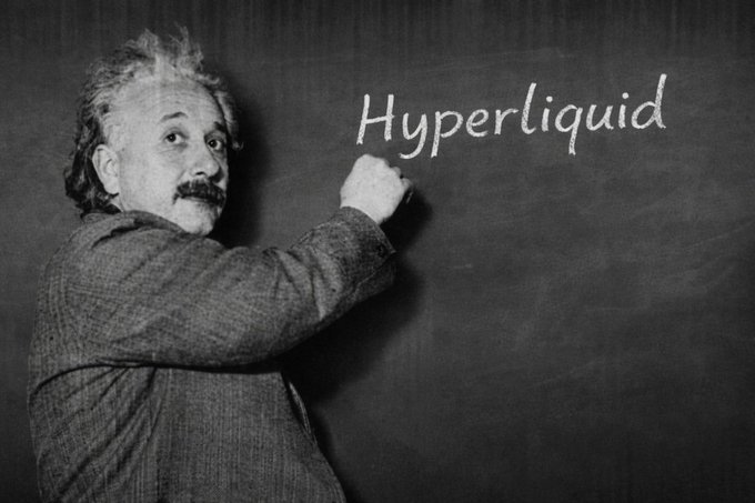 Black and white photo of Albert Einstein writing "Hyperliquid" on a chalkboard.