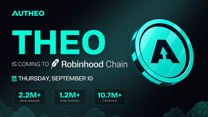 A promotional graphic by Autheo announcing that THEO token is launching on Robinhood Chain on Thursday, September 10, featuring a teal coin design and statistics highlighting 2.2M+ wallet addresses, 1.2M+ smart contracts, and 10.7M+ transactions. The image visually reinforces the announcement by prominently displaying the THEO ticker alongside the Robinhood Chain logo and key network metrics.