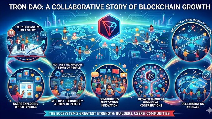 The image features a colorful poster with illustrations depicting various aspects of blockchain technology, such as people working together, communities supporting innovation, and users exploring opportunities. The poster also includes text that connects the story of blockchain growth to the concept of TRON DAO, which is a collaborative project involving developers and users.