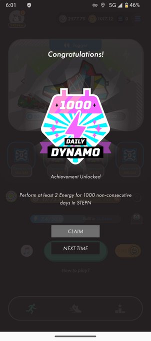 A STEPN move-to-earn app congratulating the user on unlocking the 'Daily Dynamo' 1000 achievement for performing at least 2 Energy for 1000 non-consecutive days.