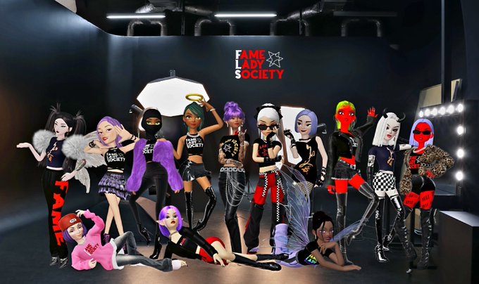 A group photo of digital avatars in edgy streetwear style outfits posing in front of a sign reading 'FAME LADY SOCIETY' in what appears to be a virtual or stylized setting.