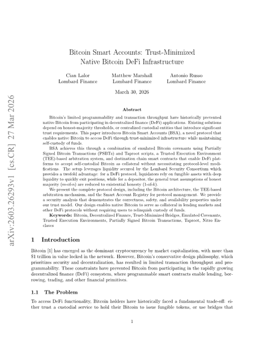 The first page of an academic paper titled 'Bitcoin Smart Accounts: Trust-Minimized Native Bitcoin DeFi Infrastructure' by Cian Lafor, Matthew Marshall, and Antonio Russo (Lombard Finance), dated March 30, 2026.