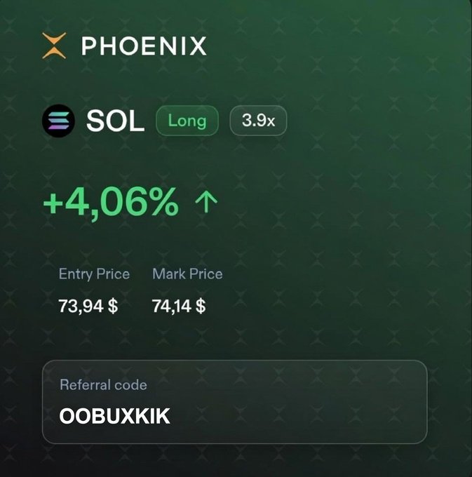 The image displays a screenshot of a trading app called PhoenixTrade, which shows a cryptocurrency chart, including Bitcoin and Solana. The app also provides information about entering price for a coin into its platform, as well as a reference code for a fellow user referred in the message, possibly referring to an offer or promotion on Solana.