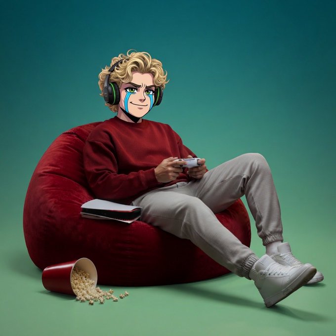 A 3D-rendered anime-style character with curly blonde hair and blue tear marks sits on a red bean bag wearing a red sweater and holding a game controller, with a spilled cup of oats beside him.