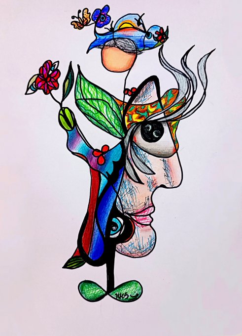 A colorful surrealist ink and colored pencil drawing of an abstract figure with floral, leaf, and butterfly elements emerging from a profile face, signed '2024'.