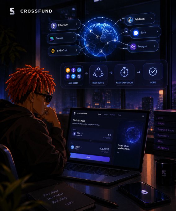 A promotional image for CrossFund showing a cross-chain swap platform connecting Ethereum, Solana, BNB Chain, Arbitrum, Base, and Polygon, with a person at a laptop displaying a 'Global Swap' interface for ETH and USDC.