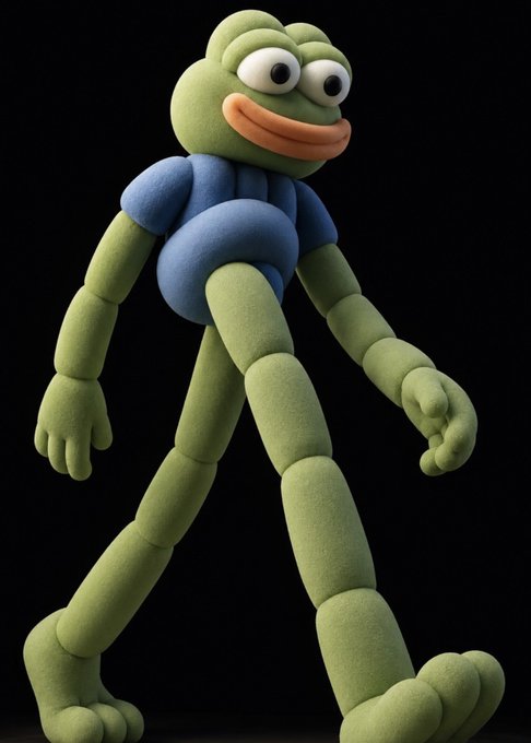 A 3D-rendered green frog-like character with large googly eyes, an orange mouth, and a puffy blue shirt standing against a black background.