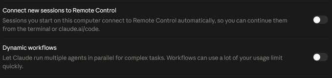 A settings interface showing two toggle options: 'Connect new sessions to Remote Control' and 'Dynamic workflows' for running parallel agents.