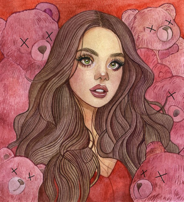 An illustrated portrait of a young woman with long brown hair and green eyes, surrounded by pink teddy bears with X's for eyes against a red background.