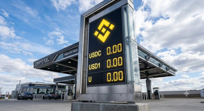 A digital price sign at a 'CRYPTO FUEL' and 'BLOCKCHAIN POWERED' gas station displays '0.00' for USDC, USD1, and U under a cloudy sky.