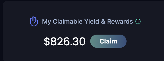 A cryptocurrency platform interface shows a section titled "My Claimable Yield & Rewards" displaying a balance of $826.30 next to a "Claim" button.