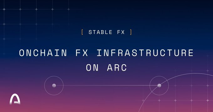 A digital graphic with a purple-to-blue gradient background displays the text '[ STABLE FX ]' above 'ONCHAIN FX INFRASTRUCTURE ON ARC', featuring an Arc logo in the corner.