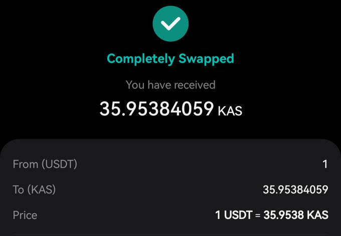 A cryptocurrency swap confirmation screen showing 'Completely Swapped' with 35.95384059 KAS received from 1 USDT at a rate of 1 USDT = 35.9538 KAS.