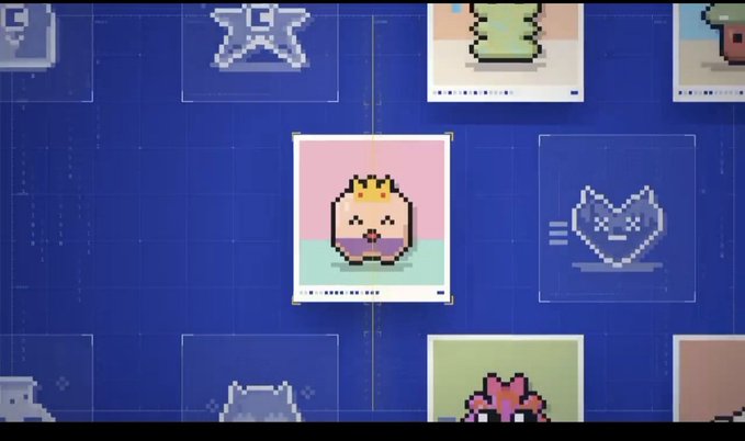 A digital art gallery interface with a blue blueprint-style background displays various pixelated NFT characters in Polaroid-style frames, with a central highlighted image featuring a crowned, round creature with a mustache against a pink and mint backdrop. This visual showcase represents the "First $IMD powered NFT mint" by @slabscollection, featuring the artwork by artist @0xWassie as promoted in the accompanying Alpha post.