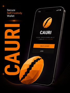 A promotional graphic for "CAURI Secure Self-Custody Wallet" featuring a smartphone displaying the wallet interface alongside a stylized orange coffee bean logo against a dark background.