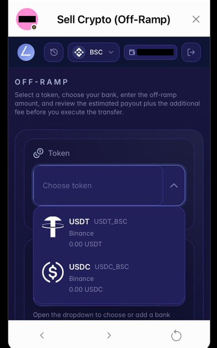 A 'Sell Crypto (Off-Ramp)' interface on BSC showing token options including USDT_BSC and USDC_BSC, both with 0.00 balance on Binance.