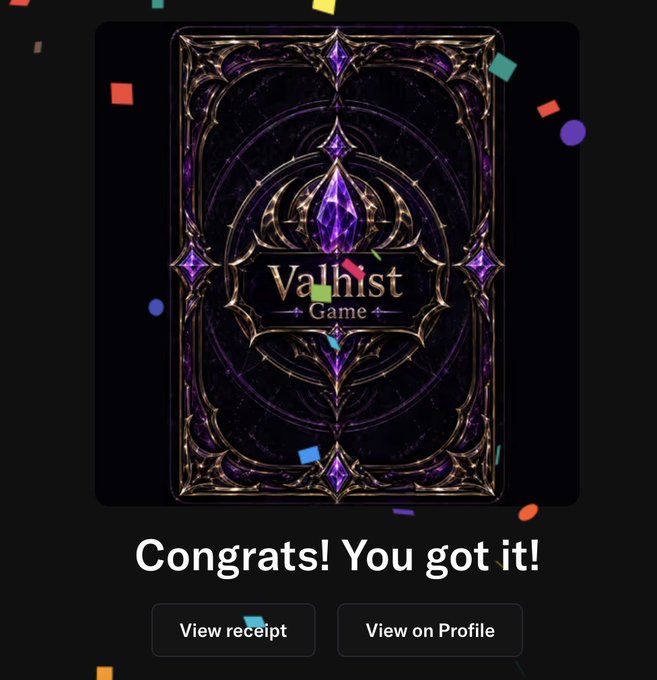 The image features an email or social media post that congratulates someone for receiving a Valist Game Card, which is a type of card used in the Valist video game series. The post includes a message expressing gratitude towards the recipient and encourages them to view the card on their profile page. The text "Congratulations! You got it!" emphasizes the positive outcome of the card's delivery.