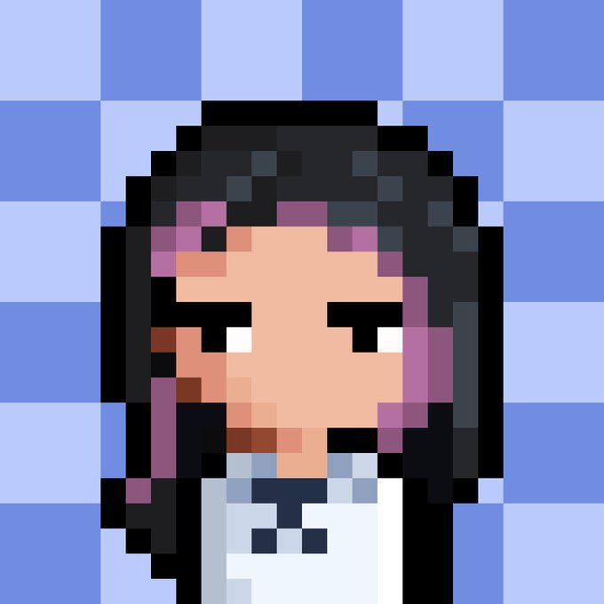 A pixel art portrait of a person with dark hair streaked in purple/magenta wearing a white shirt against a blue checkered background.